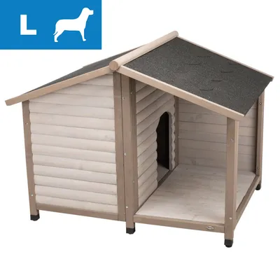 Hundehus i træ med sort tag, åben veranda og indgang. Blå felt øverst med hvidt hundesymbol og bogstavet L for stor størrelse.