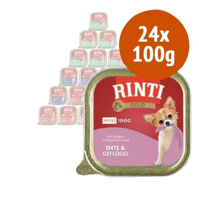 RINTI Gold MINI 100g, confezione da 24 vaschette. Testo visibile: 'MIT FEINEN STÜCKCHEN VON ENTE & GEFLÜGEL'. Immagine di un cane sulla confezione. RINTI Gold MINI 100g, confezione da 24 vaschette. Testo visibile: 'MIT FEINEN STÜCKCHEN VON ENTE & GEFLÜGEL'. Immagine di un cane sulla confezione.