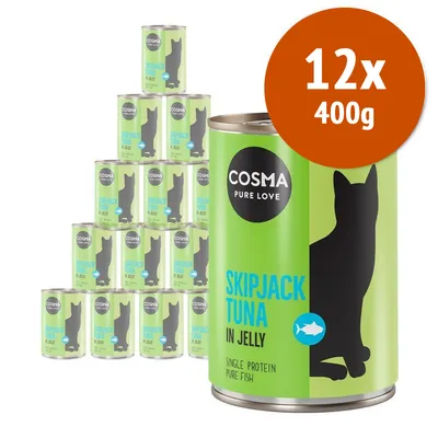 12 lattine da 400 g Cosma Pure Love Skipjack Tuna in Jelly, Single Protein Pure Fish. Immagine delle lattine con silhouette di gatto e testo visibile sulla confezione.