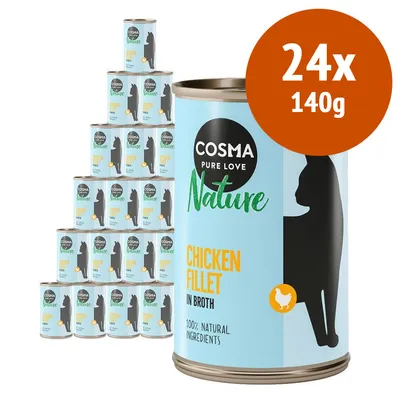 24 lattine Cosma Pure Love Nature Chicken Fillet in Broth, 140 g ciascuna. Testo visibile: 100% natural ingredients.