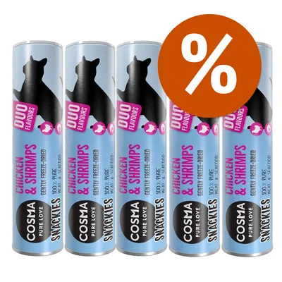 Set 5 tubi Cosma Snackies Duo Flavours Chicken & Shrimps, testo visibile: 100% pure meat & seafood, gently freeze-dried. Simbolo percentuale arancione in alto a destra.