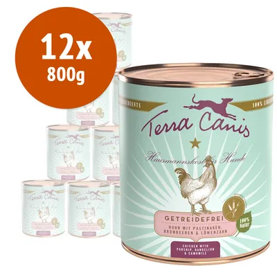 12x800g Terra Canis Hausmannskost für Hunde, getreidefrei, Huhn mit Pastinaken, Brombeeren & Löwenzahn. Testo in tedesco e inglese visibile sulla confezione.