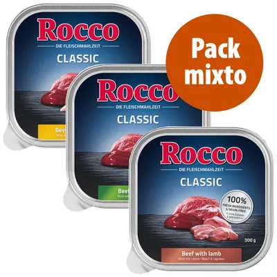 Rocco Classic Pack mixto, latas de comida húmeda para perros. Textos visibles: '100% fresh ingredients & grain-free', 'Beef with lamb', 'Beef'. Envases de 300 g.
