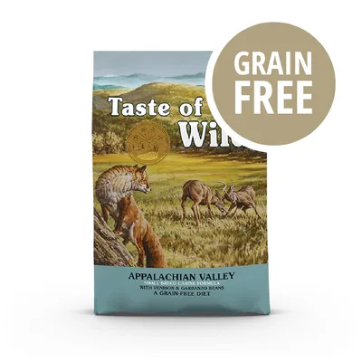 Taste of the Wild Appalachian Valley, scritta 'GRAIN FREE' in evidenza. Testo visibile: Small Breed Canine Formula with Venison & Garbanzo Beans, A Grain-Free Diet.