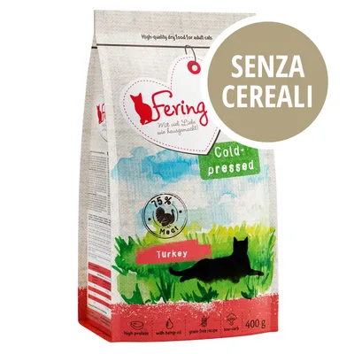 Feringa Cold-pressed Turkey, 75% Meat, 400 g, SENZA CEREALI, ricetta grain-free, high protein, with hemp oil, low-carb. Testo in parte in inglese.