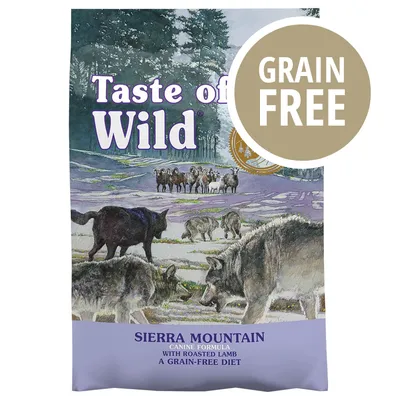 Taste of the Wild Sierra Mountain, scritta GRAIN FREE, confezione con illustrazione di lupi e pecore. Testo in inglese: Canine Formula with Roasted Lamb, A Grain-Free Diet.