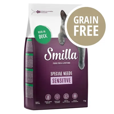 Smilla Special Needs Sensitive, rich in duck, GRAIN FREE, contiene taurina, acidi grassi omega, yucca schidigera, ricetta senza cereali, 1 kg. Testo in inglese.