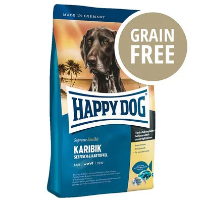 Confezione di crocchette Happy Dog Supreme Sensible Karibik Seefisch & Kartoffel, scritta visibile 'GRAIN FREE', per cani adulti. Made in Germany. Confezione di crocchette Happy Dog Supreme Sensible Karibik Seefisch & Kartoffel, scritta visibile 'GRAIN FREE', per cani adulti. Made in Germany.