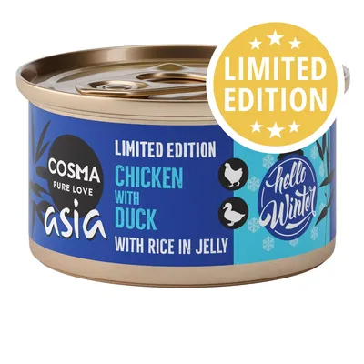 Cosma Pure Love Asia Limited Edition, Chicken with Duck with Rice in Jelly, hello Winter. Testo in inglese sull'etichetta della lattina.