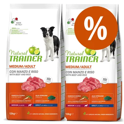 2 sacchi Natural Trainer Medium/Adult con manzo e riso, 12 kg ciascuno, promozione percentuale visibile. Testo: senza coloranti, conservanti, zuccheri aggiunti. Made in Italy.