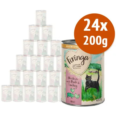 Feringa Chicken with Pork & Turkey Adult, confezione da 24 lattine da 200 g. Etichetta con disegno di gatto nero e paesaggio. Testo in inglese visibile sulla confezione.