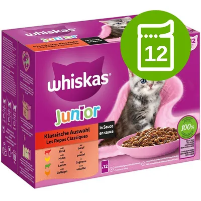 whiskas Junior macskaeledel, Klassische Auswahl, 12 tasak, marha, csirke, bárány, baromfi, szószban. Cica képe a dobozon.