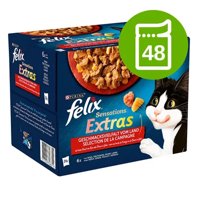 Felix Sensations Extras, opakowanie 48 saszetek. Widoczne smaki: wołowina, indyk, kurczak, jagnięcina. Tekst na opakowaniu w języku niemieckim i francuskim.