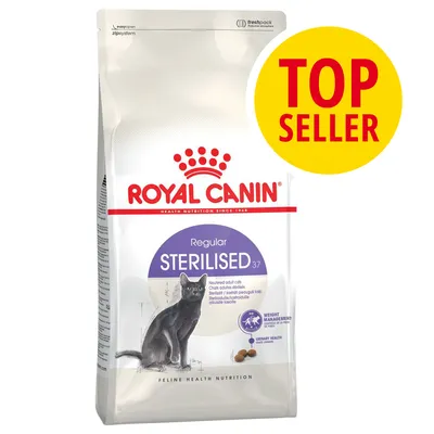 ROYAL CANIN Regular Sterilised 37, pienso para gatos esterilizados. Texto visible: TOP SELLER, Weight Management, Urinary Health, Feline Health Nutrition. ROYAL CANIN Regular Sterilised 37, pienso para gatos esterilizados. Texto visible: TOP SELLER, Weight Management, Urinary Health, Feline Health Nutrition.