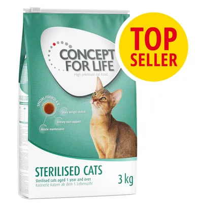 Saco de 3 kg de Concept for Life Sterilised Cats, con texto visible: 'Body weight control', 'Urinary tract support', 'Muscle maintenance' y distintivo amarillo 'Top Seller'.