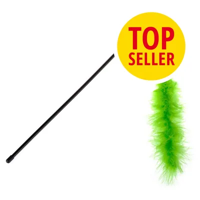 Černá tyčka s připevněným zeleným peřím, žlutý kruh s červeným textem TOP SELLER