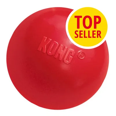 Palla rossa in plastica con scritta KONG in rilievo, etichetta gialla con testo rosso 'TOP SELLER' in alto a destra.