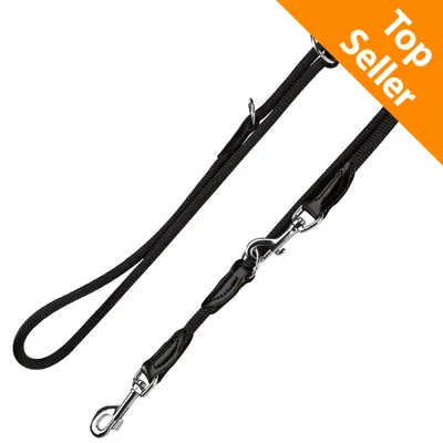 Guinzaglio nero in corda con moschettoni metallici e dettagli in similpelle, etichetta arancione con testo 'Top Seller' nell'angolo superiore destro.