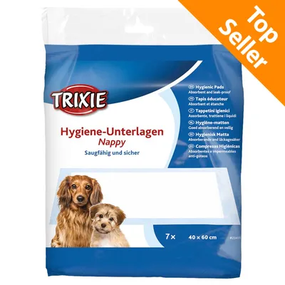 Trixie Hygiene-Unterlagen Nappy, tappetini igienici assorbenti e impermeabili, confezione da 7 pezzi 40×60 cm, Top Seller visibile in alto a destra.