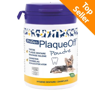 ProDen PlaqueOff Poudre, igiene dentale per animali. Testo visibile: tartre, plaque dentaire, mauvaise haleine, zahnstein, zahnbelag, schlechter atem. Top Seller.