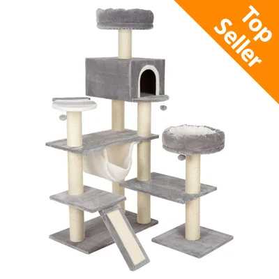 Tiragraffi grigio a più livelli con cuccia, amaca, piattaforme e colonne in sisal; angolo arancione in alto a destra con testo Top Seller.