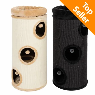 Due tiragraffi cilindrici per gatti, uno beige e uno nero, con tre aperture circolari e palline pendenti all'interno. Etichetta arancione in alto a destra: Top Seller.