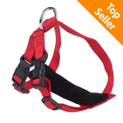Pettorina rossa in tessuto con fibbie nere in plastica e anello metallico, etichetta arancione in alto a destra con testo Top Seller.