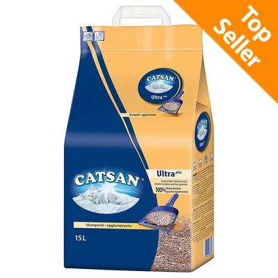 Sacchetto di lettiera per gatti Catsan Ultra Plus 15L, agglomerante. Testo visibile: Top Seller, 100% Klump-Granulat, klumpend-agglomerante.