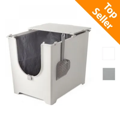 Toilette per gatti in plastica grigia con paletta inclusa, apertura frontale e coperchio superiore. Etichetta arancione in alto a destra con testo: Top Seller.