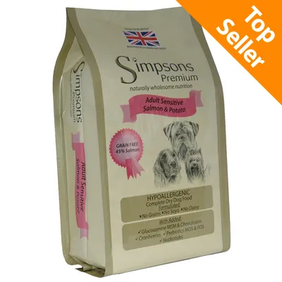 Simpsons Premium Adult Sensitive Salmon & Potato, crocchette ipoallergeniche per cani adulti, grain free 45% salmone, senza cereali, soia o latticini. Top Seller in alto a destra.