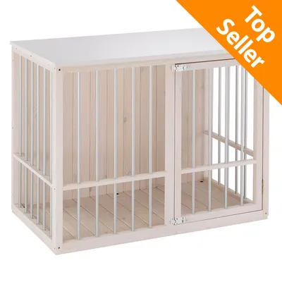 Box per animali in legno chiaro con sbarre metalliche e sportello frontale, etichetta arancione in alto a destra con testo 'Top Seller' in inglese.