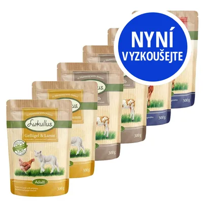 Různé kapsičky Lukullus 300 g, přední obal s textem Geflügel & Lamm. Modrý kruh s nápisem NYNÍ VYZKOUŠEJTE.