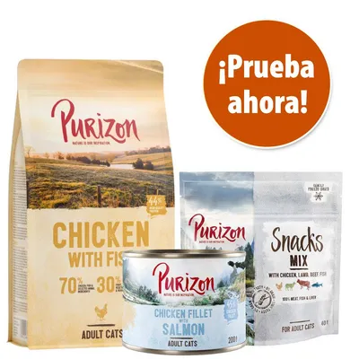 Purizon para gatos adultos: saco Chicken with Fish 70 % carne y pescado, lata Chicken Fillet with Salmon 200 g, Snacks Mix 40 g. Texto destacado: ¡Prueba ahora!