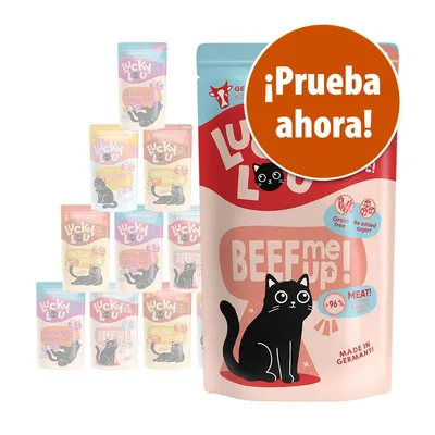 Lucky Lou BEEF me up! comida para gatos, sin cereales, sin azúcar añadido, más del 96 % carne, hecho en Alemania. Texto promocional: ¡Prueba ahora!