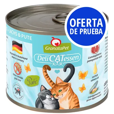 Lata de comida para gatos GranataPet DeliCATessen, paté, sin cereales, fabricado en Alemania. Texto visible: OFERTA DE PRUEBA, semillas de granada, aceite de salmón, mejillón de labio verde.