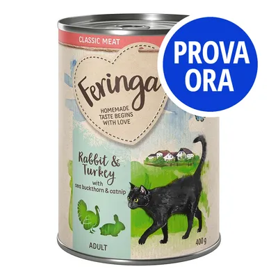 Feringa Classic Meat, Rabbit & Turkey with sea buckthorn & catnip, ADULT, 400 g. Etichetta con gatto nero e scritta promozionale 'PROVA ORA' in cerchio blu.
