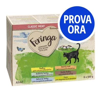 Confezione Feringa Classic Meat per gatti adulti, 6 x 100 g. Gusti visibili: pollo, anatra e vitello, coniglio e tacchino, salmone e tacchino, selvaggina. Etichetta blu: PROVA ORA.