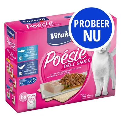 Vitakraft Poésie Deli Sauce kattenvoer, 6x porties. Kabeljauw en koolvis in saus. Probeer nu. Suikervrij, graanvrij. MSC-gecertificeerde vis. Kat en voer zichtbaar op verpakking.