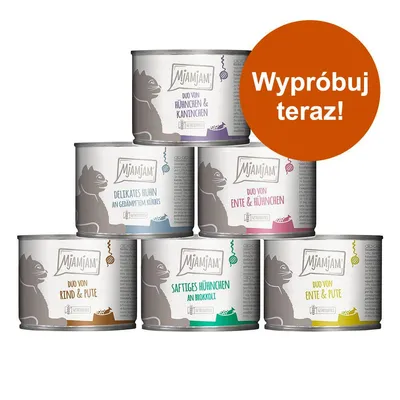 Sześć puszek MjAMjAM dla kotów, różne smaki: Huhn & Kaninchen, Delikates Huhn an Kürbis, Ente & Huhn, Rind & Pute, Huhn an Brokkoli, Ente & Pute. Napis: Wypróbuj teraz!