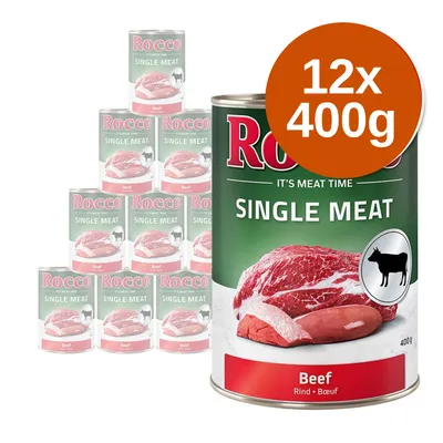 Rocco Single Meat Beef, zestaw 12 puszek po 400 g. Widoczne opakowanie z kawałkiem wołowiny i ikoną krowy. Na etykiecie: Beef, Rind, Bœuf.