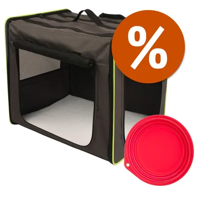 Box trasportino pieghevole in tessuto nero con bordo verde, ciotola rossa pieghevole e simbolo percentuale per offerta visibile sull'immagine.