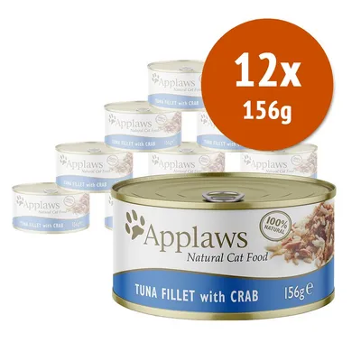 12 lattine Applaws Natural Cat Food, Tuna Fillet with Crab, 156 g ciascuna, visibile scritta 100% natural sulla confezione.