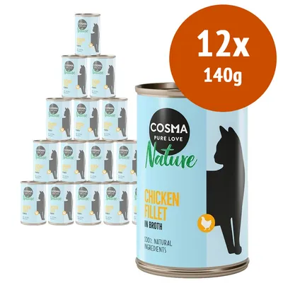 12 lattine da 140 g Cosma Pure Love Nature Chicken Fillet in Broth, 100% natural ingredients, confezione visibile con silhouette di gatto nera su sfondo azzurro.
