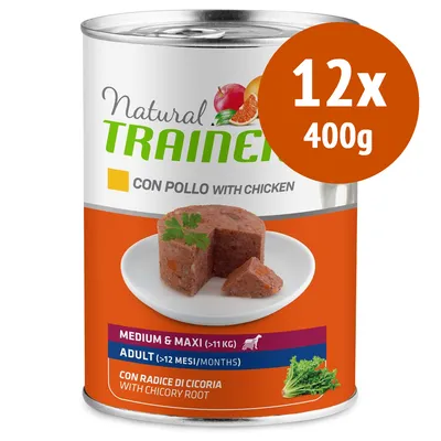 Natural Trainer con pollo, 12x400g, per cani medium & maxi >11 kg adult (>12 mesi), con radice di cicoria. Immagine della lattina e del prodotto su piatto.