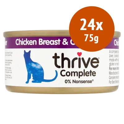 Confezione da 24 lattine thrive Complete 75 g, Chicken Breast & Chicken Liver, 0% Nonsense. Immagine di una lattina con silhouette blu di gatto e testo visibile sull'etichetta.