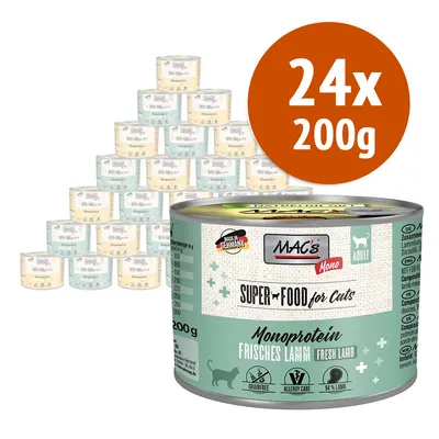 24 lattine da 200 g di MAC's Mono Super Food for Cats Monoprotein agnello fresco, per gatti adulti. Testo visibile: Made in Germany, grainfree, allergy care, 94% lamb.