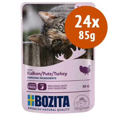 BOZITA con tacchino, 24x85g, ingredienti svedesi, senza cereali, gusto delizioso, facile digestione. Testo in inglese: with Kalkon/Pute/Turkey, Swedish ingredients, grain free, delicious taste easy digestion.