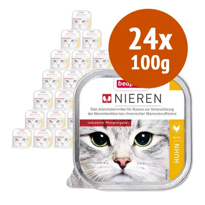 Multipack beaphar Nieren alimento per gatti, 24 vaschette da 100 g ciascuna, confezioni con immagine di gatto e scritta 'Nieren' visibile.