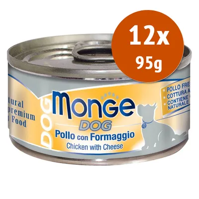 Monge DOG Pollo con Formaggio, 12x95g. Testo visibile: pollo fresco, cottura a vapore, contiene ingredienti naturali. Etichetta anche in inglese: Chicken with Cheese.