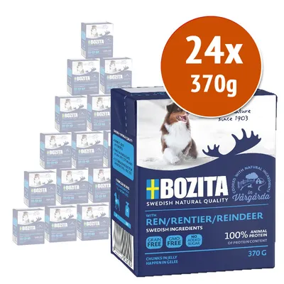 Confezione multipla Bozita Swedish Natural Quality con renna, 24 x 370 g. Testo visibile: grain free, GMO free, senza zuccheri aggiunti, 100% proteine animali.